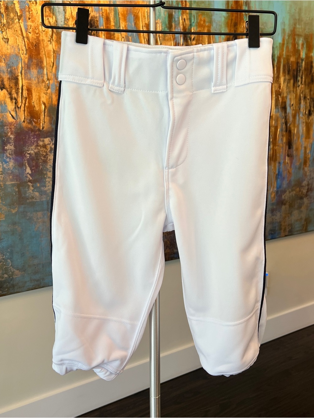 Boys White Baseball Knicker Pants with Navy Side Stripe - Youth Bottoms